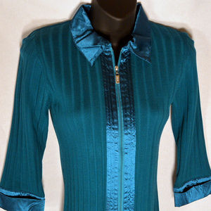 Blue TEAL Stretch Ribbed Knit Zip-front Sweater